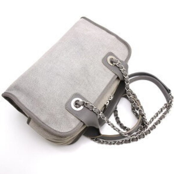 CHANEL Bowling Bag Shoulder Deauville Canvas Leather Grey - Picture 1 of 8